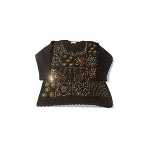 Vintage 80s 90s Margule's Gold Sequin & Beaded Black Ramie Sweater‎ Size Med